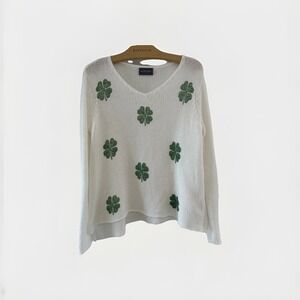 Wooden Ships Shamrock Clover V-Neck Knit Sweater White Green Womens XS/S